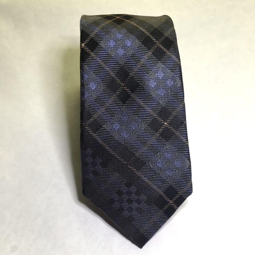 Le31 exclusive Simons blue, black and brown plaid 100% silk tie.
